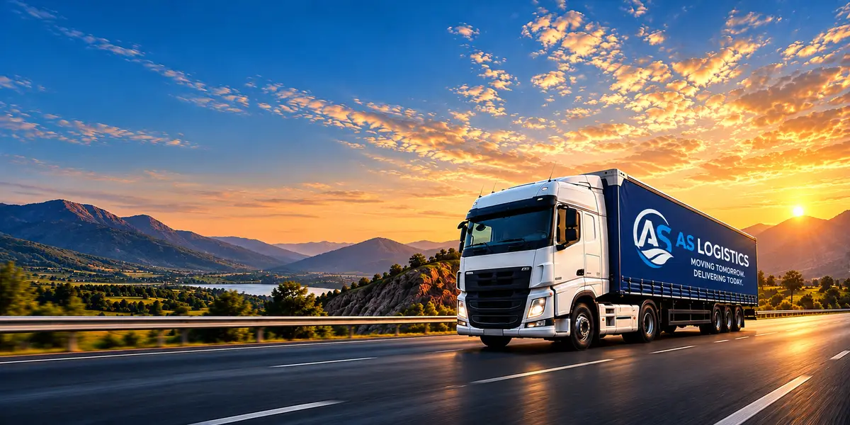 AS Logistics truck on a highway at sunset