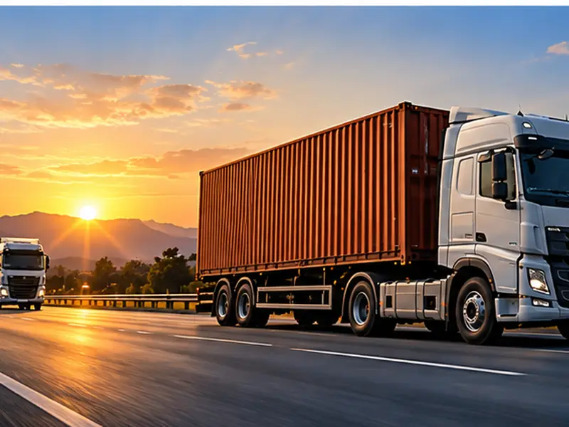 Truck hauling a red shipping container