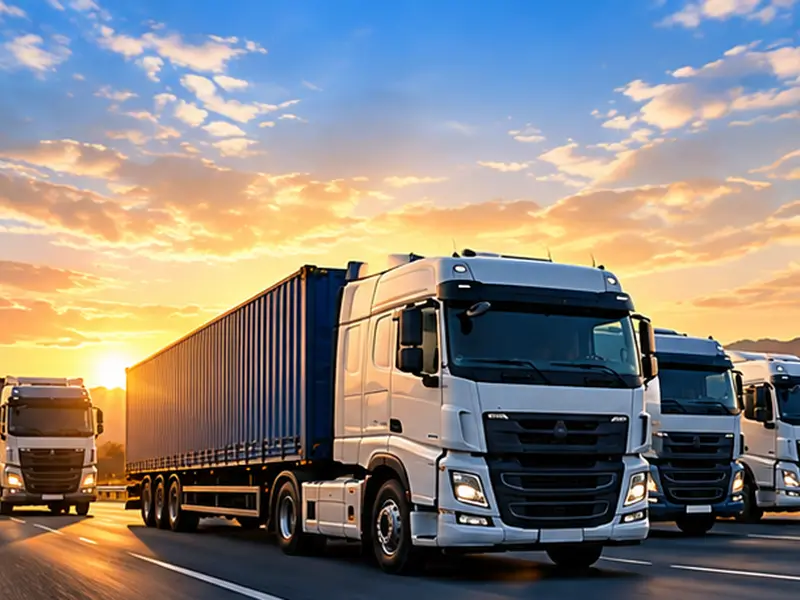 Convoy of trucks led by a blue container truck